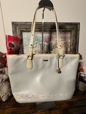 Brahmin Cream Leather Tote with Croc-Texture Straps